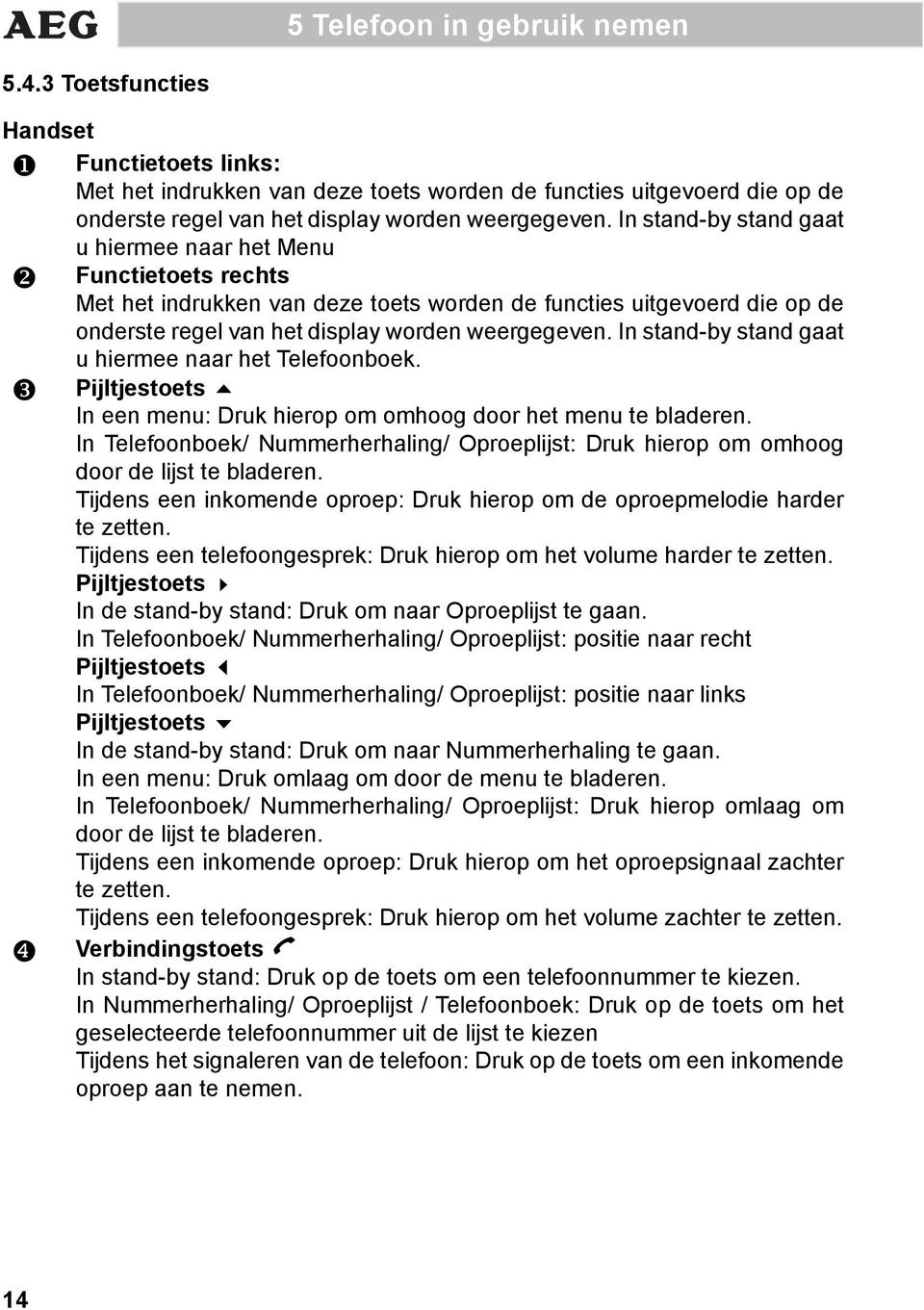 Functietoets rechts Met het indrukken van deze toets worden de functies uitgevoerd die op de onderste regel van het display worden weergegeven. In stand-by stand gaat u hiermee naar het Telefoonboek.