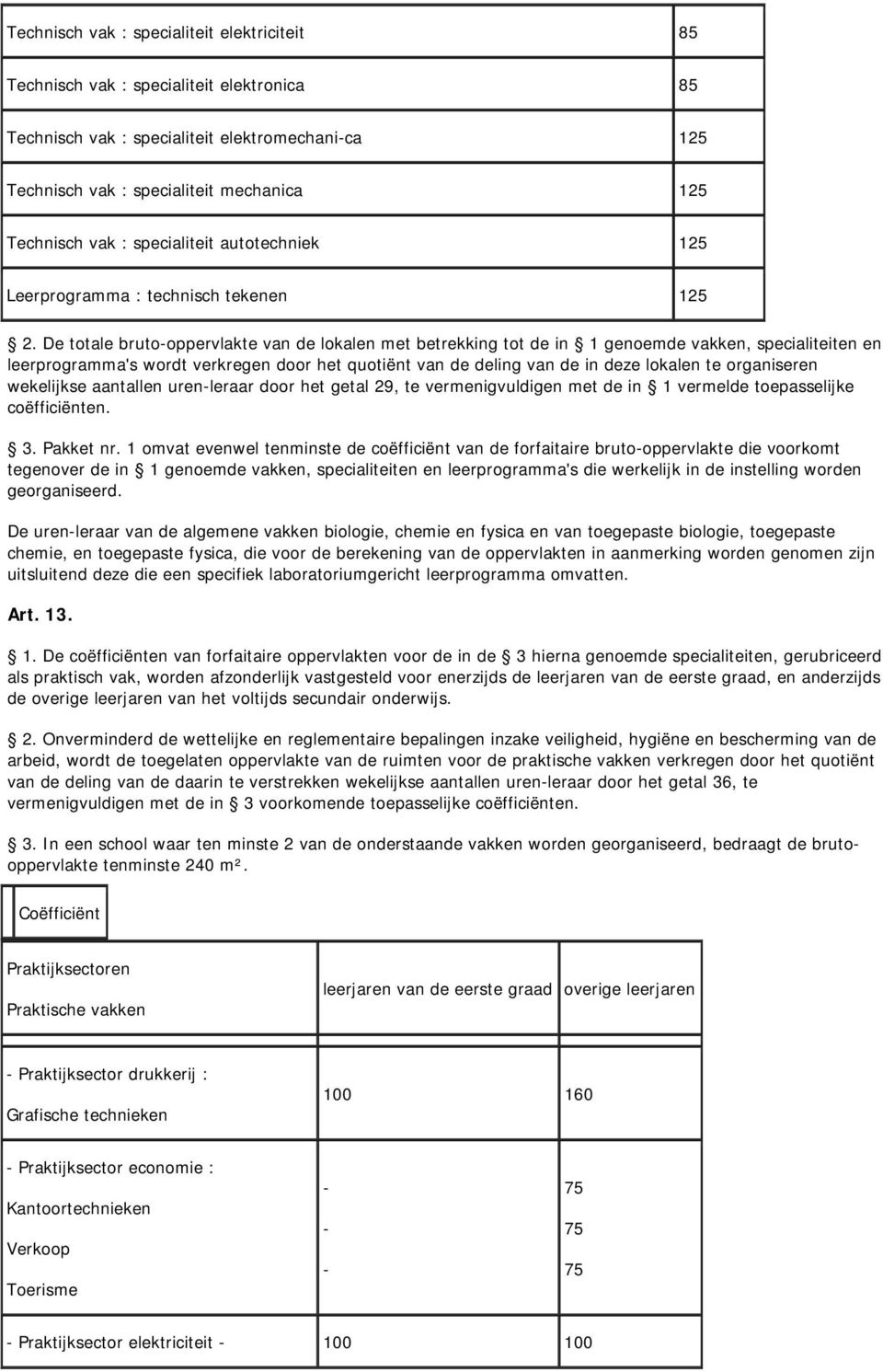 De totale brutooppervlakte van de lokalen met betrekking tot de in 1 genoemde vakken, specialiteiten en leerprogramma's wordt verkregen door het quotiënt van de deling van de in deze lokalen te