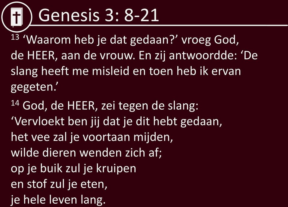 14 God, de HEER, zei tegen de slang: Vervloekt ben jij dat je dit hebt gedaan, het vee