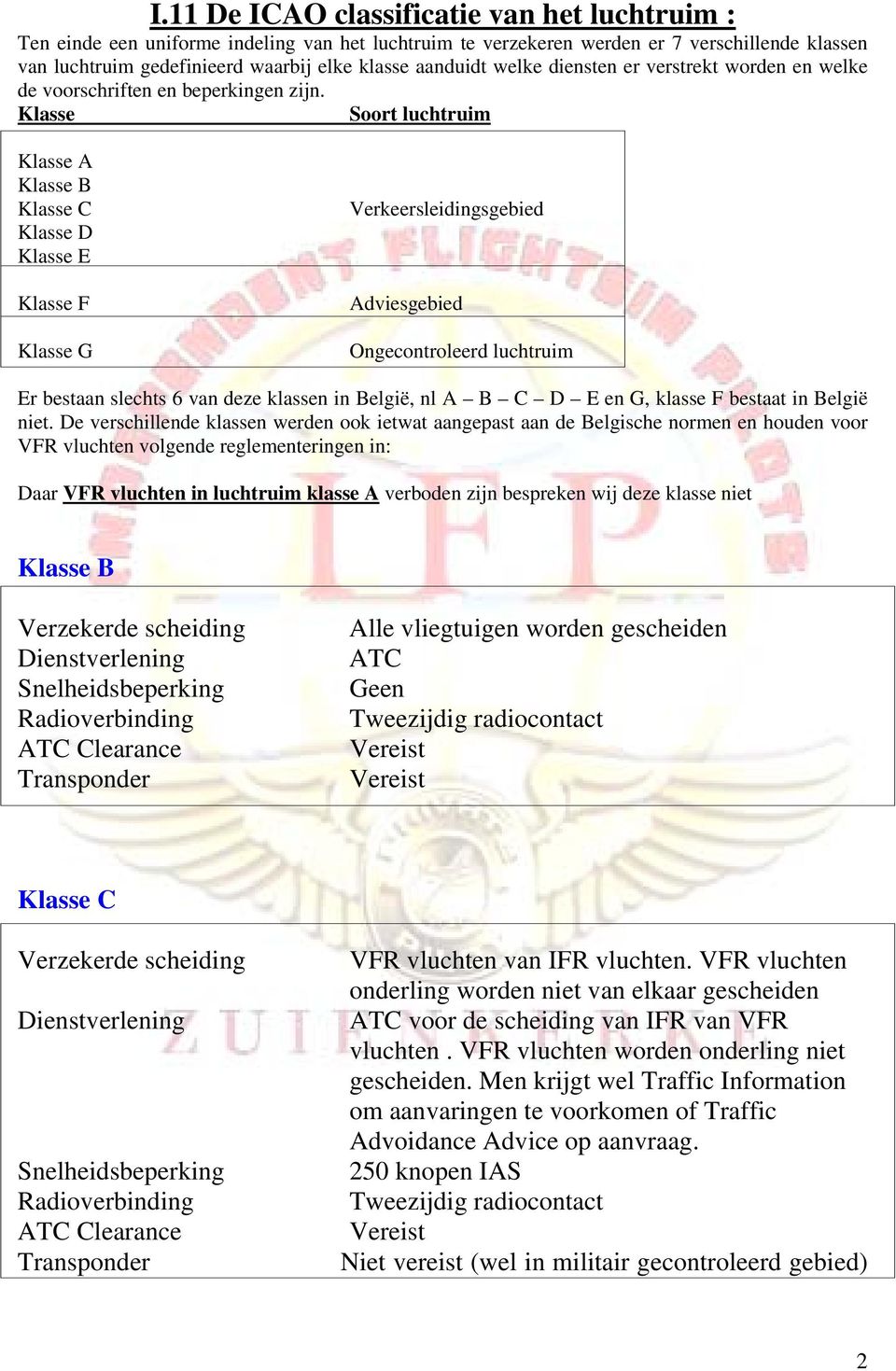 Klasse Soort luchtruim Klasse A Klasse B Klasse C Klasse D Klasse E Klasse F Klasse G Verkeersleidingsgebied Adviesgebied Ongecontroleerd luchtruim Er bestaan slechts 6 van deze klassen in België, nl