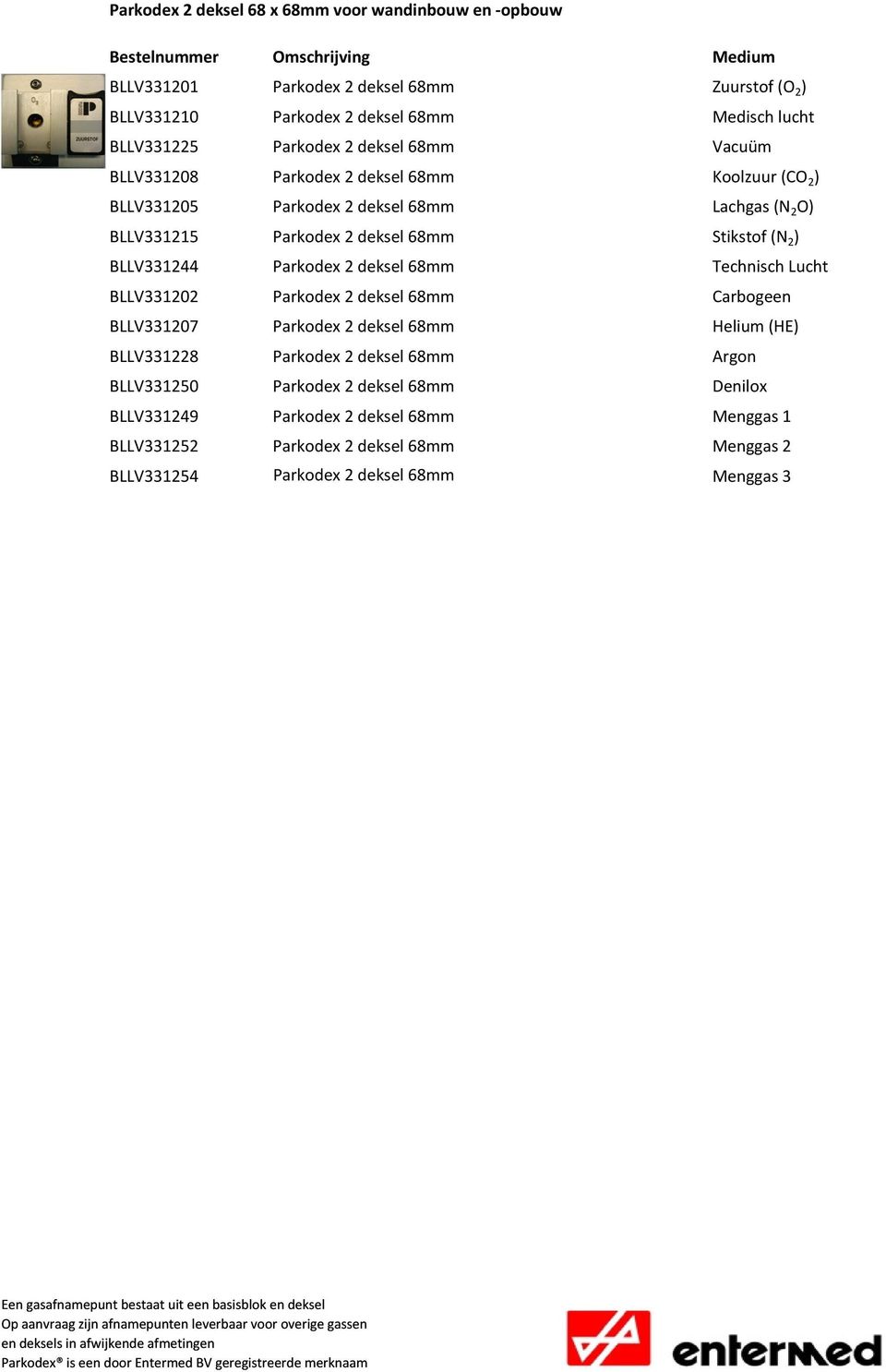 BLLV331244 Parkodex 2 deksel 68mm Technisch Lucht BLLV331202 Parkodex 2 deksel 68mm Carbogeen BLLV331207 Parkodex 2 deksel 68mm Helium (HE) BLLV331228 Parkodex 2 deksel 68mm