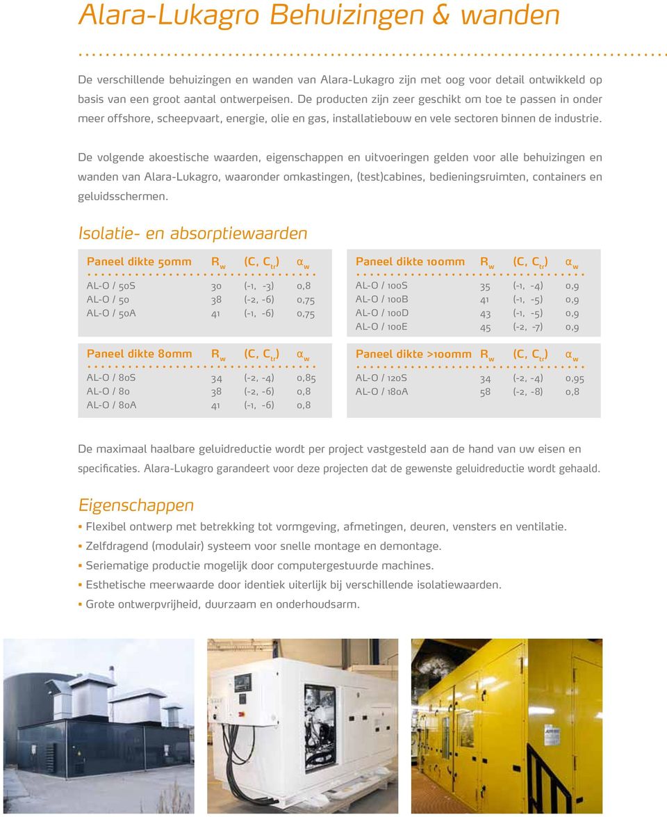 De volgende akoestische waarden, eigenschappen en uitvoeringen gelden voor alle behuizingen en wanden van Alara-Lukagro, waaronder omkastingen, (test)cabines, bedieningsruimten, containers en geluids
