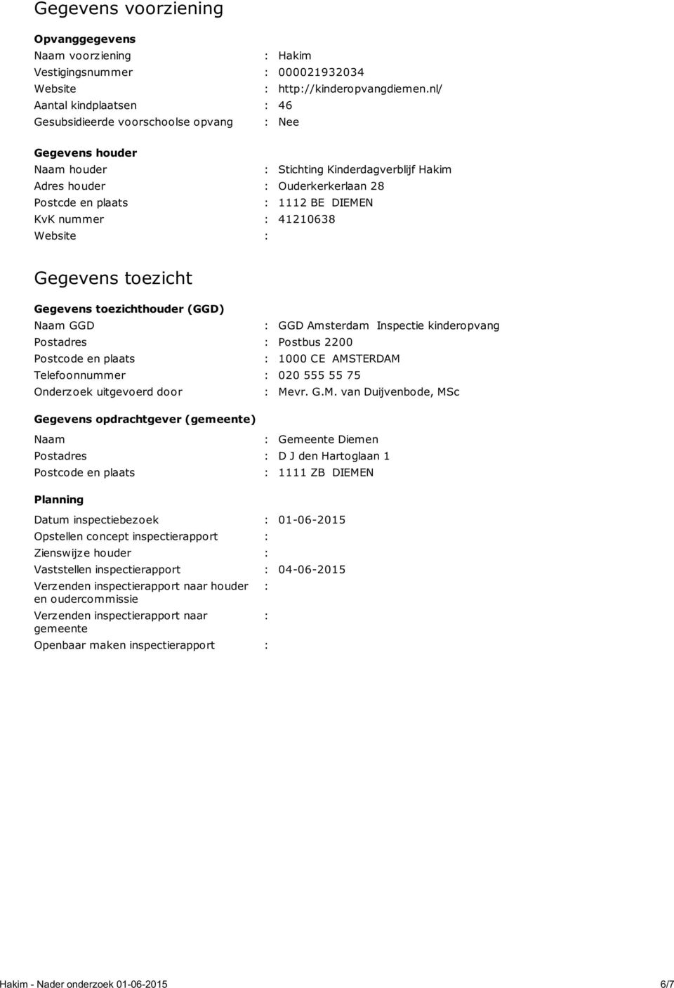 DIEMEN KvK nummer : 41210638 Website : Gegevens toezicht Gegevens toezichthouder (GGD) Naam GGD : GGD Amsterdam Inspectie kinderopvang Postadres : Postbus 2200 Postcode en plaats : 1000 CE AMSTERDAM