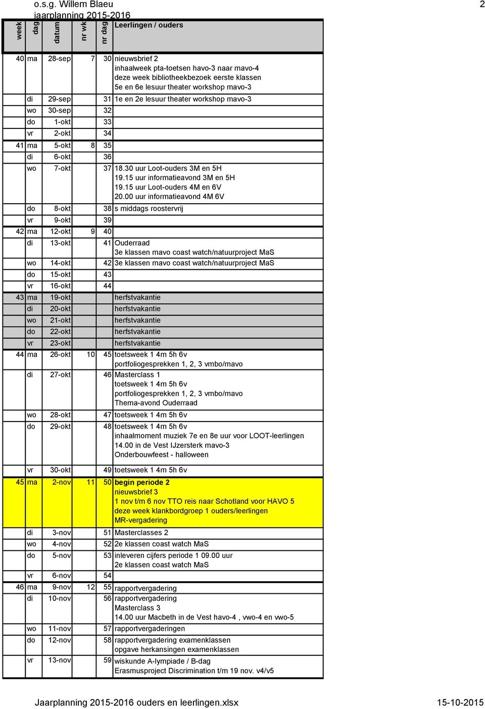 00 uur informatieavond 4M 6V do 8-okt 38 s mids roostervrij vr 9-okt 39 42 ma 12-okt 9 40 di 13-okt 41 Ouderraad 3e klassen mavo coast watch/natuurproject MaS wo 14-okt 42 3e klassen mavo coast