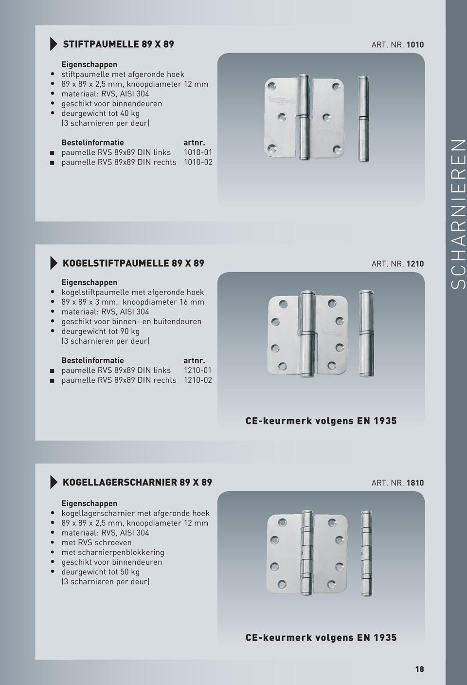 RVS 89x89 DIN rechts 1010-02 KOGEL 1210 kogelstiftpaumelle met afgeronde hoek 89 x 89 x 3 mm, knoopdiameter 16 mm geschikt voor binnen- en buitendeuren deurgewicht tot 90 kg (3 scharnieren per deur)