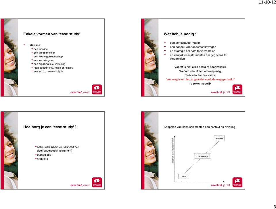 - een conceptueel kader - een aanpak voor onderzoeksvragen - en strategie om data te verzamelen - en aanpak en instrumenten om gegevens te verzamelen Vooraf is niet alles nodig of