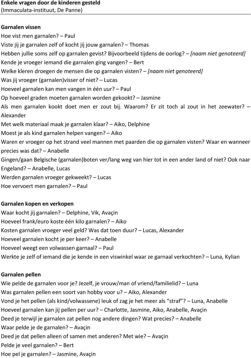 Bert Welke kleren droegen de mensen die op garnalen visten? [naam niet genoteerd] Was jij vroeger (garnalen)visser of niet? Lucas Hoeveel garnalen kan men vangen in één uur?