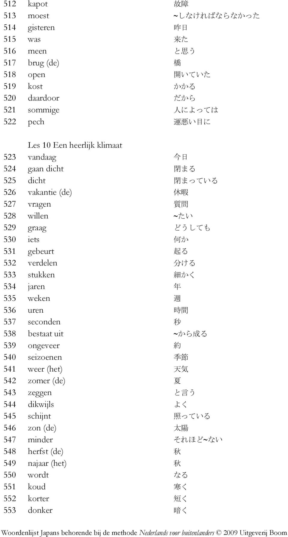 532 verdelen 分 ける 533 stukken 細 かく 534 jaren 年 535 weken 週 536 uren 時 間 537 seconden 秒 538 bestaat uit ~から 成 る 539 ongeveer 約 540 seizoenen 季 節 541 weer (het) 天 気 542 zomer (de) 夏