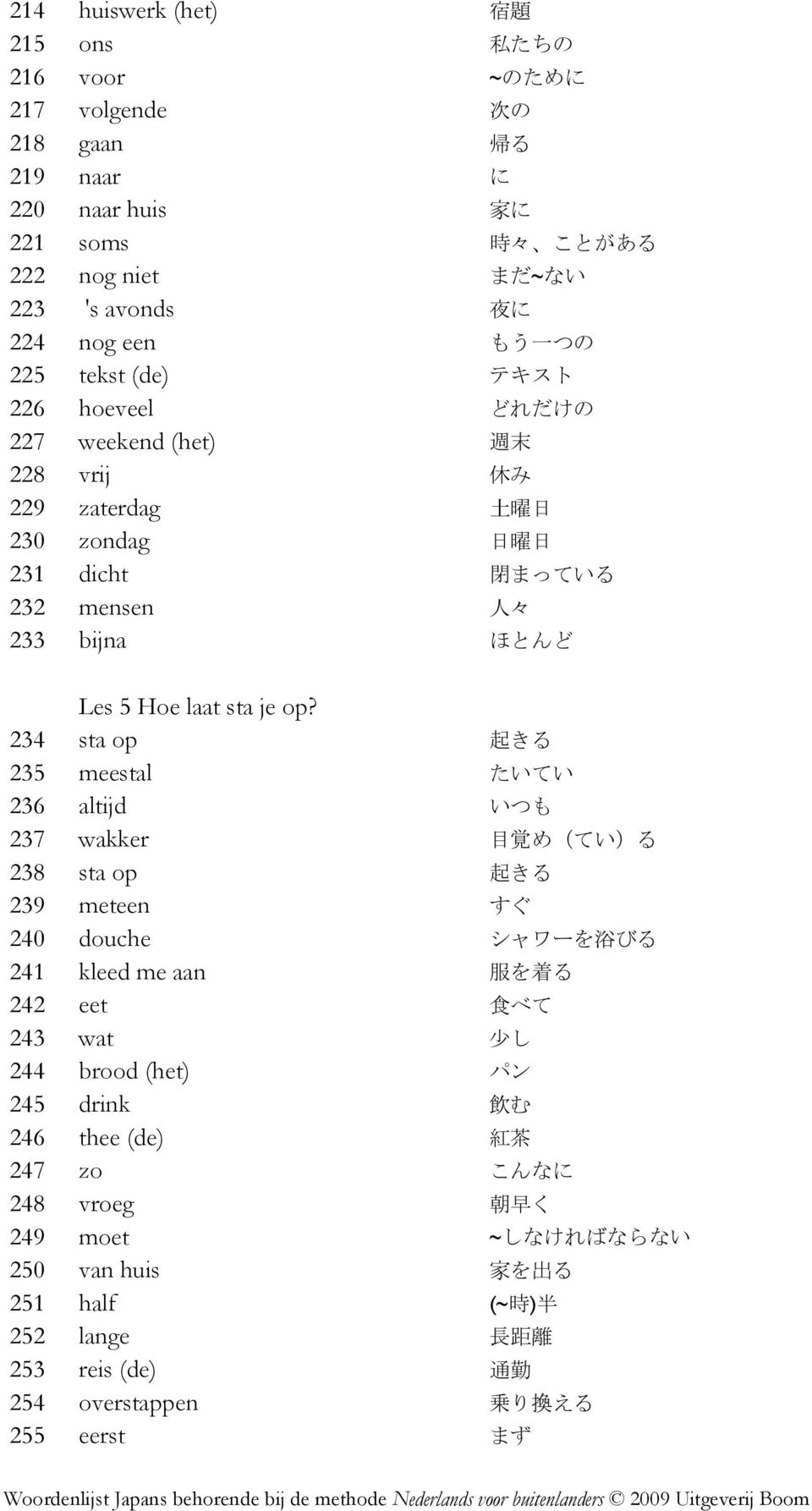 234 sta op 起 きる 235 meestal たいてい 236 altijd いつも 237 wakker 目 覚 め(てい)る 238 sta op 起 きる 239 meteen すぐ 240 douche シャワーを 浴 びる 241 kleed me aan 服 を 着 る 242 eet 食 べて 243 wat 少 し 244 brood (het)