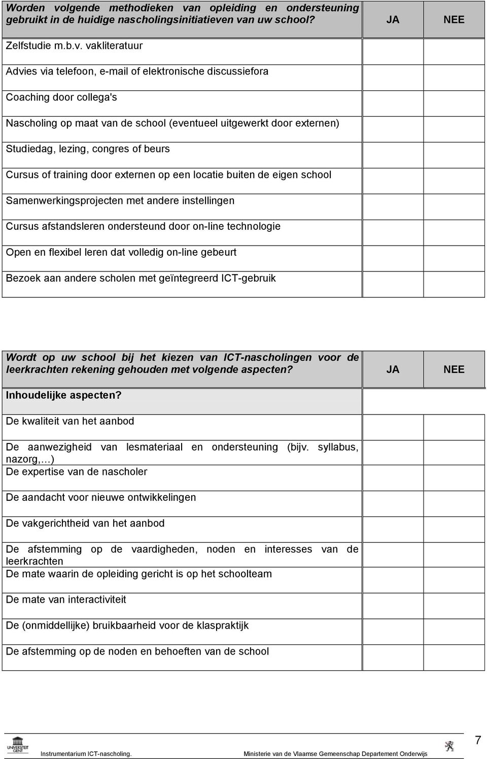 n opleiding en ondersteuning gebruikt in de huidige nascholingsinitiatieve