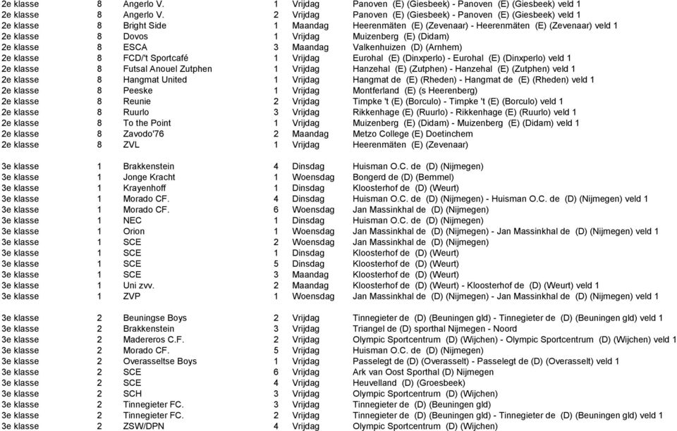 Muizenberg (E) (Didam) 2e klasse 8 ESCA 3 Maandag Valkenhuizen (D) (Arnhem) 2e klasse 8 FCD/'t Sportcafé 1 Vrijdag Eurohal (E) (Dinxperlo) - Eurohal (E) (Dinxperlo) veld 1 2e klasse 8 Futsal Anouel