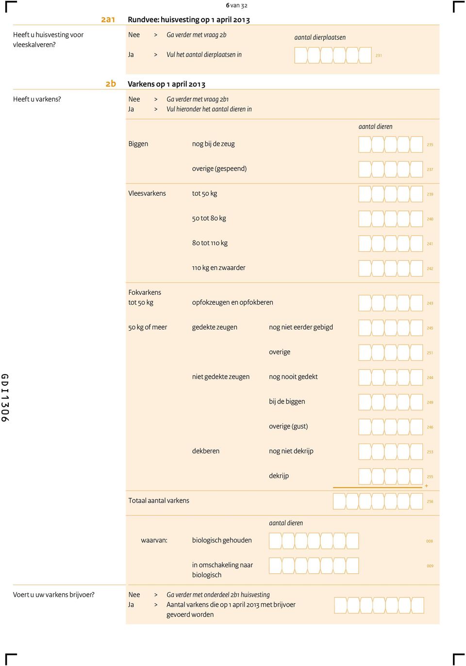 Nee > Ga verder met vraag 2b1 Ja > Vul hieronder het aantal dieren in Biggen nog bij de zeug aantal dieren 235 Vleesvarkens overige (gespeend) tot 50 kg 237 239 50 tot 80 kg 240 80 tot 110 kg 241 110