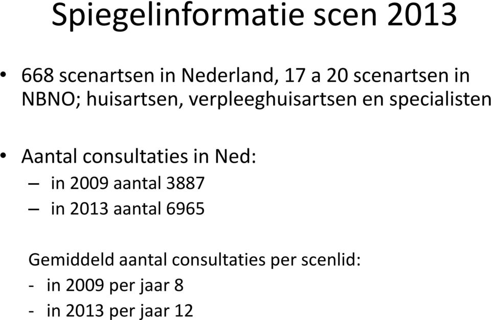 Aantal consultaties in Ned: in 2009 aantal 3887 in 2013 aantal 6965