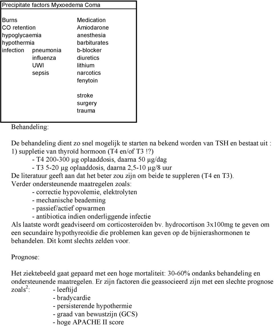 ?) - T4 200-300 µg oplaaddosis, daarna 50 µg/dag - T3 5-20 µg oplaaddosis, daarna 2,5-10 µg/8 uur De literatuur geeft aan dat het beter zou zijn om beide te suppleren (T4 en T3).