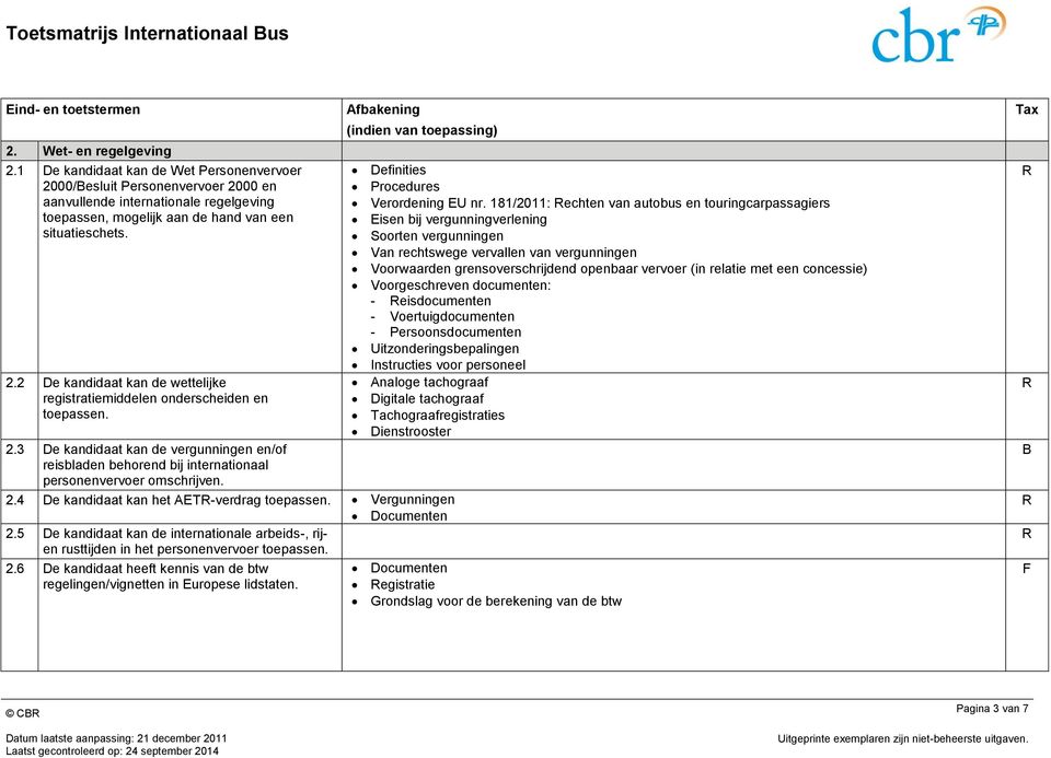 5 De kandidaat kan de internationale arbeids-, rijen rusttijden in het personenvervoer toepassen. 2.6 De kandidaat heeft kennis van de btw regelingen/vignetten in Europese lidstaten.