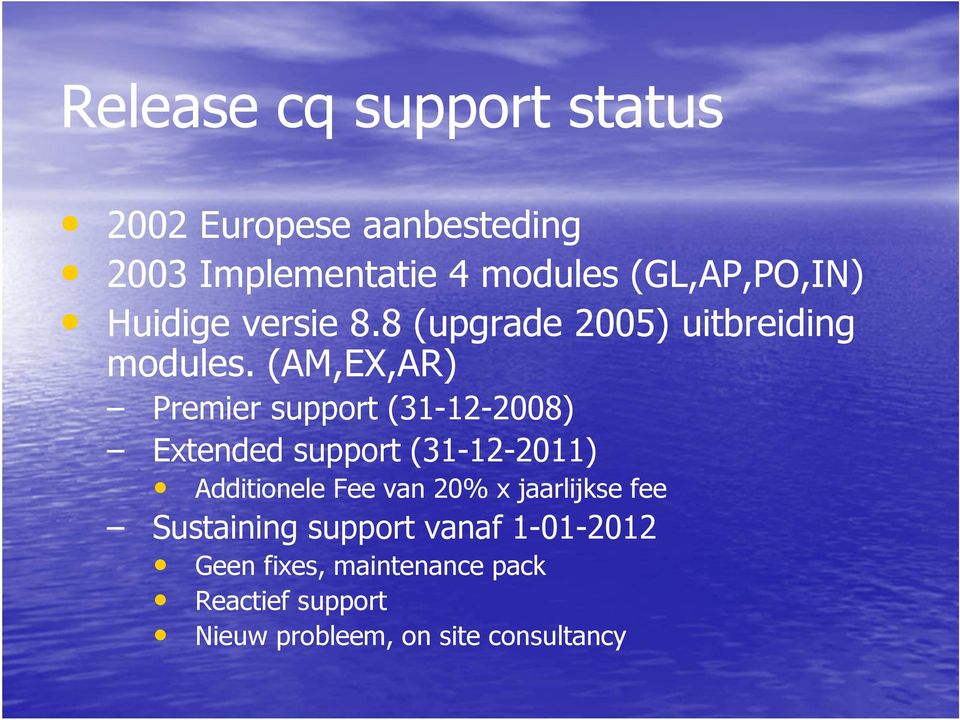 (AM,EX,AR) Premier support (31-12-2008) Extended support (31-12-2011) Additionele Fee van 20%
