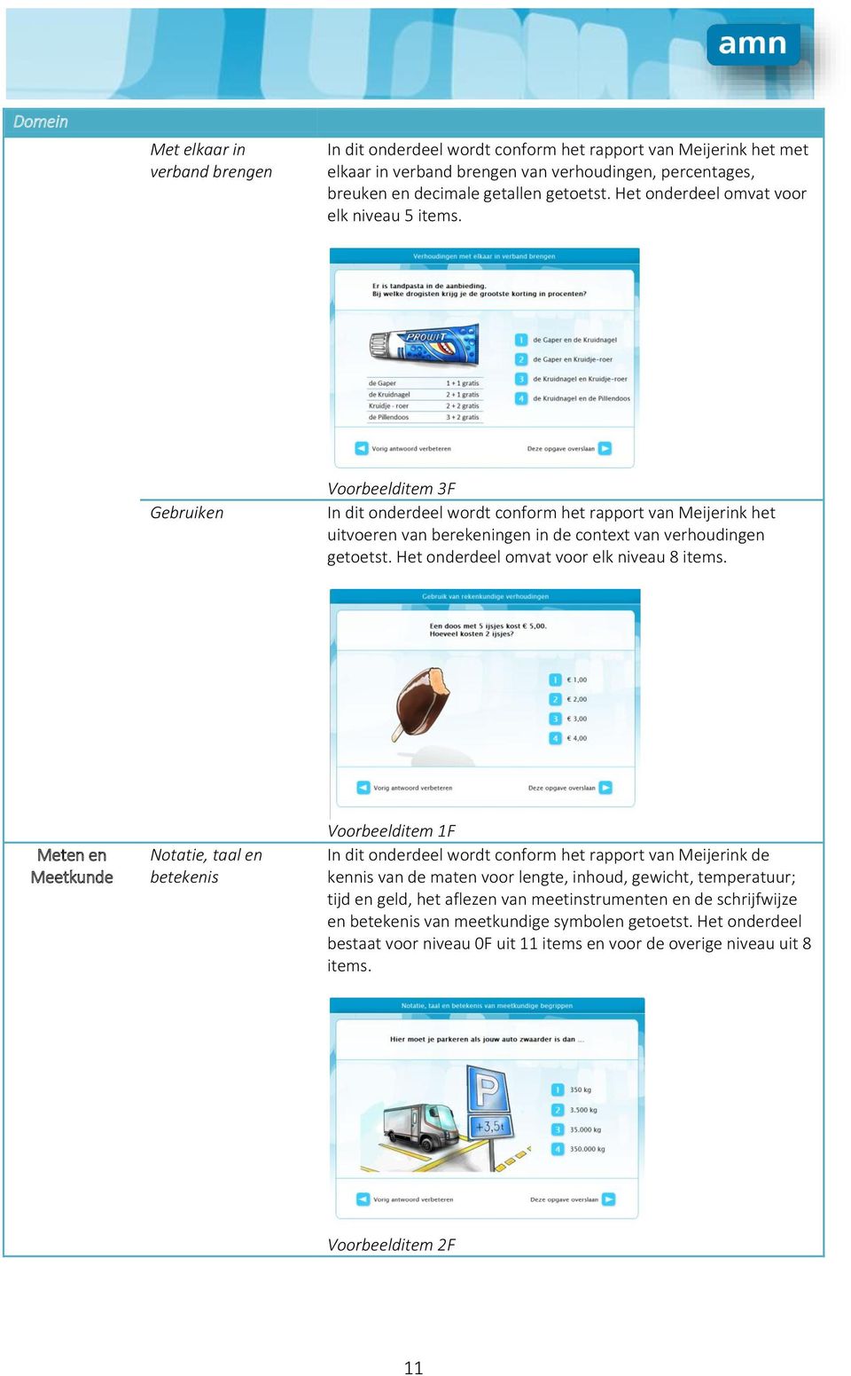 Het onderdeel omvat voor elk niveau 8 items.