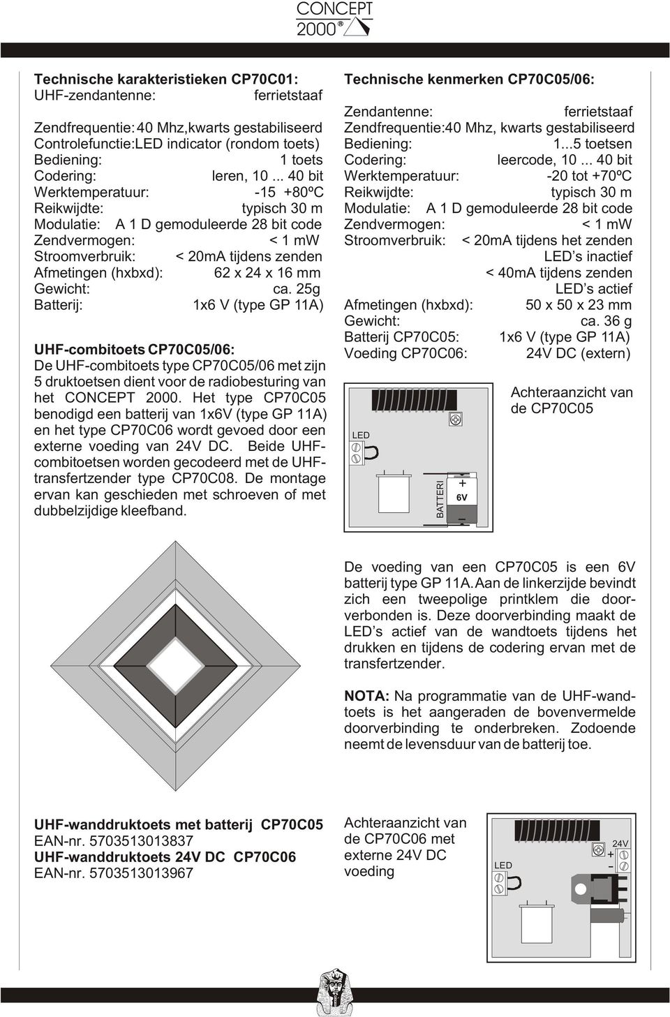 Gewicht: ca. 25g Batterij: 1x6 V (type GP 11A) UHF-combitoets CP70C05/06: De UHF-combitoets type CP70C05/06 met zijn 5 druktoetsen dient voor de radiobesturing van het CONCEPT.
