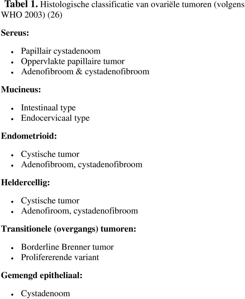 Oppervlakte papillaire tumor Adenofibroom & cystadenofibroom Mucineus: Intestinaal type Endocervicaal type