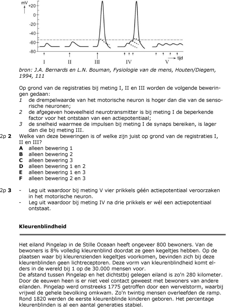 hoger dan die van de sensorische neuronen; 2 de afgegeven hoeveelheid neurotransmitter is bij meting I de beperkende factor voor het ontstaan van een actiepotentiaal; 3 de snelheid waarmee de