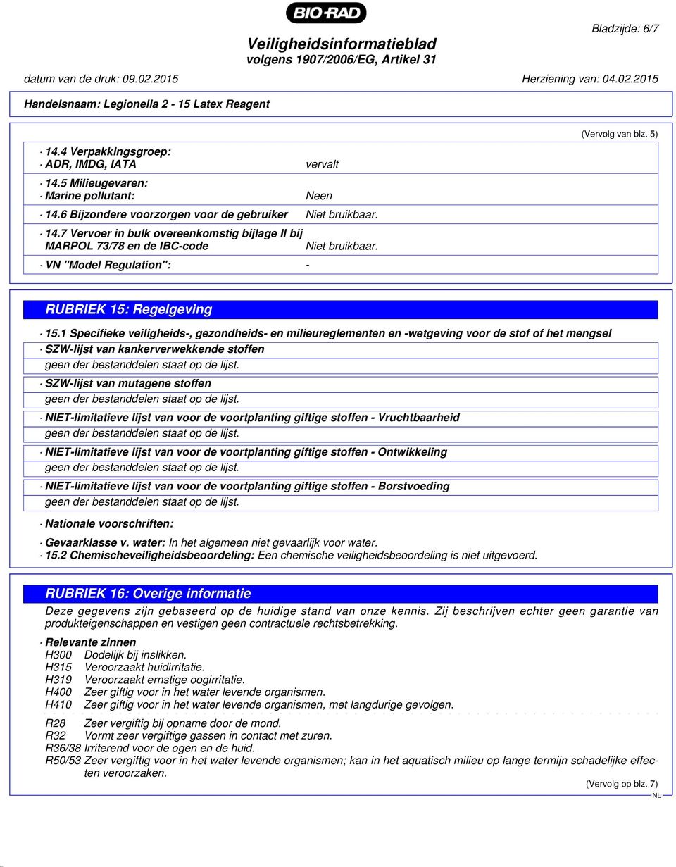 5) RUBRIEK 15: Regelgeving 15.