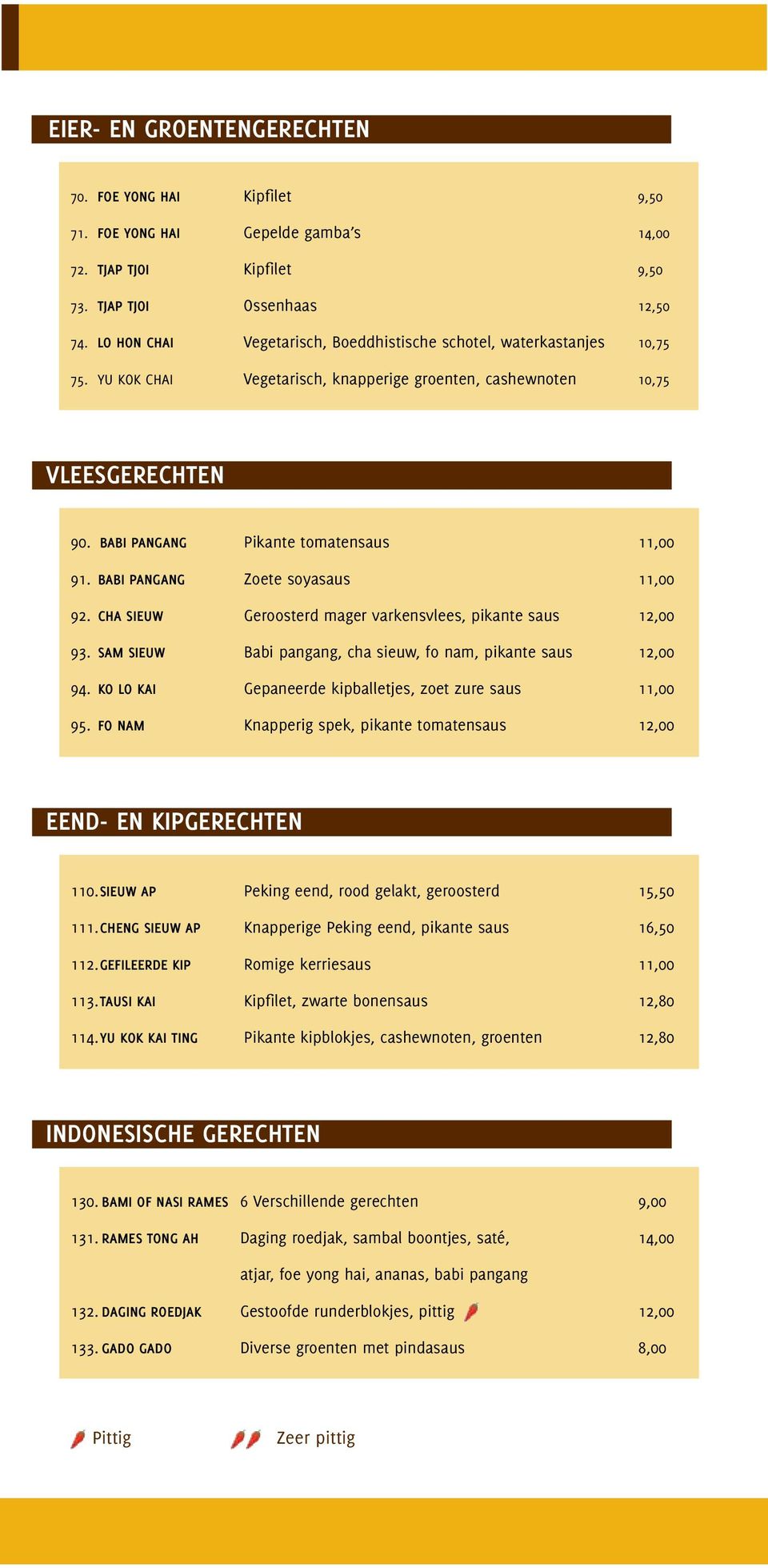 BABI PANGANG Zoete soyasaus 11,00 92. CHA SIEUW Geroosterd mager varkensvlees, pikante saus 12,00 93. SAM SIEUW Babi pangang, cha sieuw, fo nam, pikante saus 12,00 94.