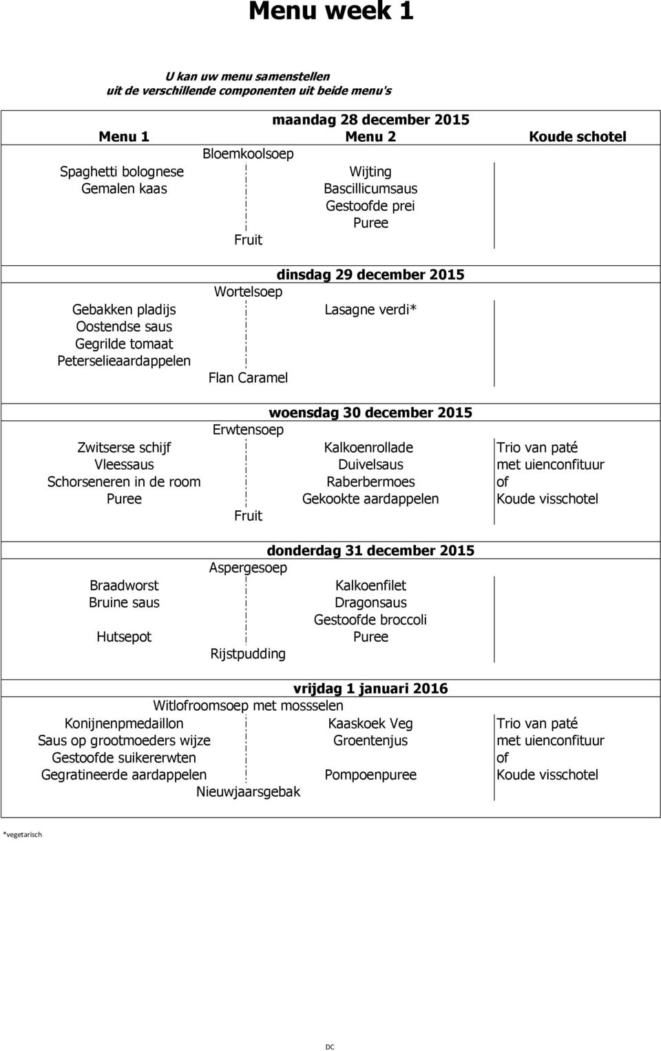 Raberbermoes Gekookte aardappelen Koude visschotel Braadworst Hutsepot donderdag 31 december 2015 Aspergesoep Kalkoenfilet Dragonsaus Gestode broccoli Rijstpudding vrijdag 1 januari 2016 Witlroomsoep
