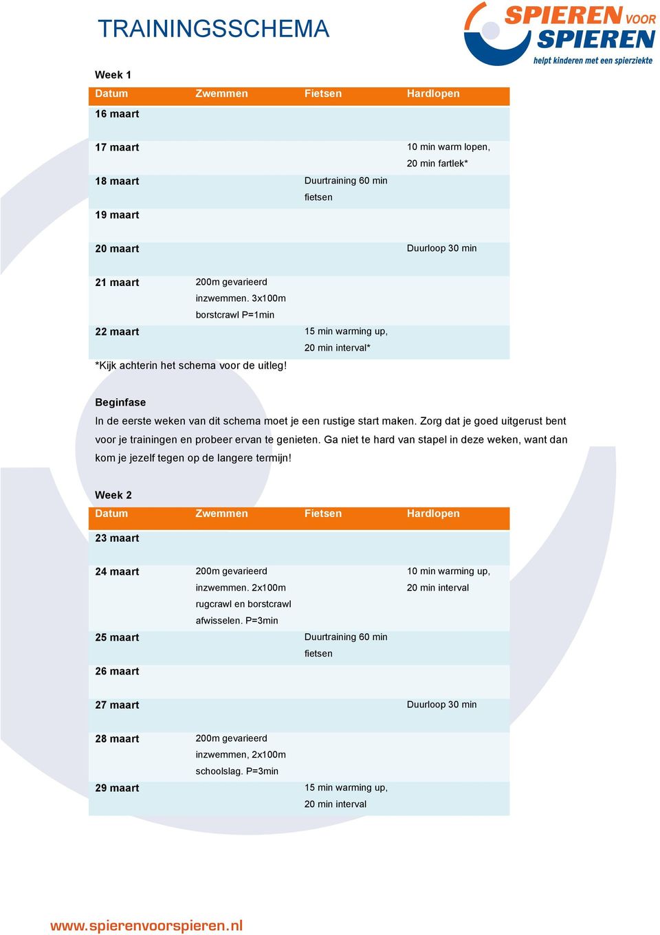 Zorg dat je goed uitgerust bent voor je trainingen en probeer ervan te genieten. Ga niet te hard van stapel in deze weken, want dan kom je jezelf tegen op de langere termijn!