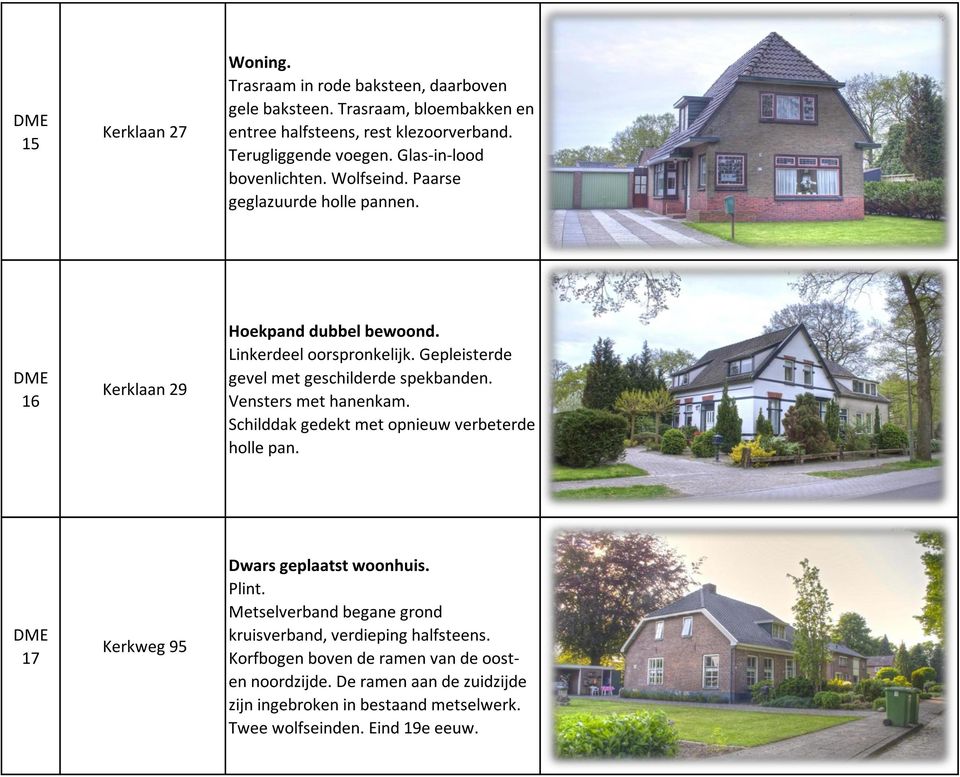 Gepleisterde gevel met geschilderde spekbanden. Vensters met hanenkam. Schilddak gedekt met opnieuw verbeterde holle pan. 17 Kerkweg 95 Dwars geplaatst woonhuis. Plint.