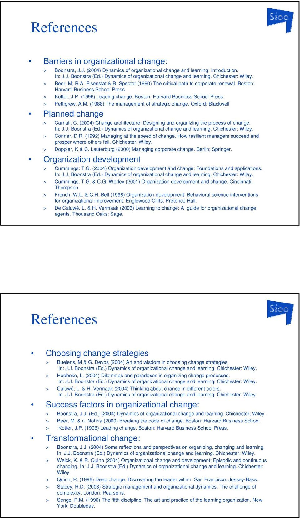 (1988) The management of strategic change. Oxford: Blackwell Planned change > Carnall, C. (2004) Change architecture: Designing and organizing the process of change. > Conner, D.R.