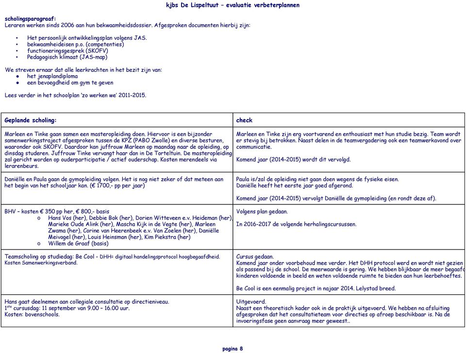 schoolplan zo werken we 2011-2015. Geplande scholing: check Marleen en Tinke gaan samen een masteropleiding doen.