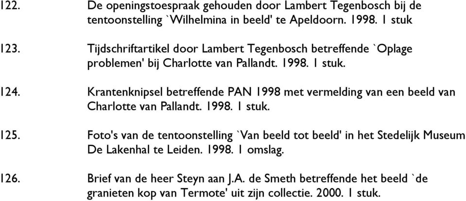 Krantenknipsel betreffende PAN 1998 met vermelding van een beeld van Charlotte van Pallandt. 1998. 1 stuk. 125.