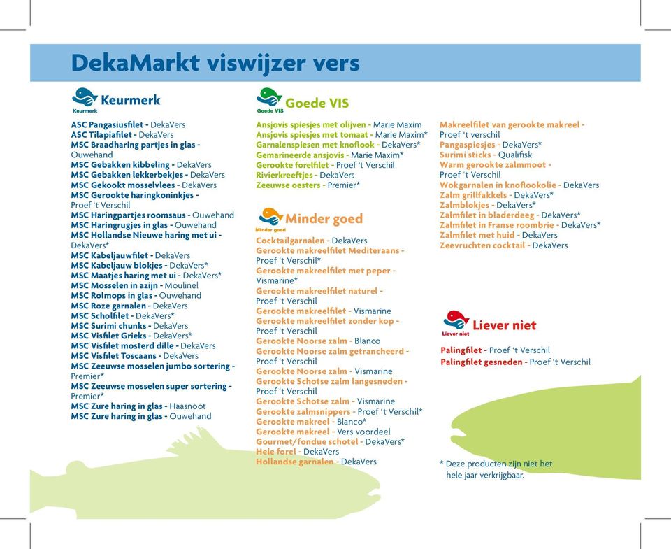 ui - DekaVers* MSC Kabeljauwfilet - DekaVers MSC Kabeljauw blokjes - DekaVers* MSC Maatjes haring met ui - DekaVers* MSC Mosselen in azijn - Moulinel MSC Rolmops in glas - Ouwehand MSC Roze garnalen