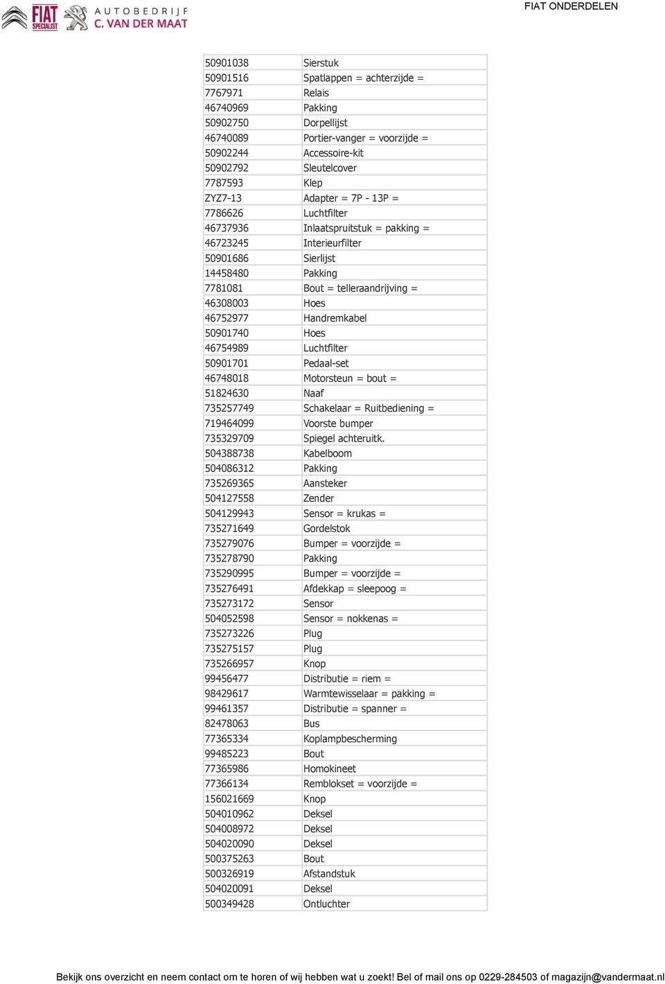 Hoes 46752977 Handremkabel 50901740 Hoes 46754989 Luchtfilter 50901701 Pedaal-set 46748018 Motorsteun = bout = 51824630 Naaf 735257749 Schakelaar = Ruitbediening = 719464099 Voorste bumper 735329709