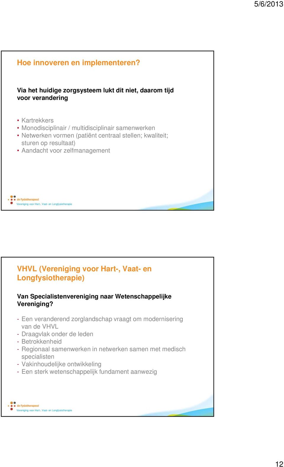 centraal stellen; kwaliteit; sturen op resultaat) Aandacht voor zelfmanagement VHVL (Vereniging voor Hart-, Vaat- en Longfysiotherapie) Van Specialistenvereniging