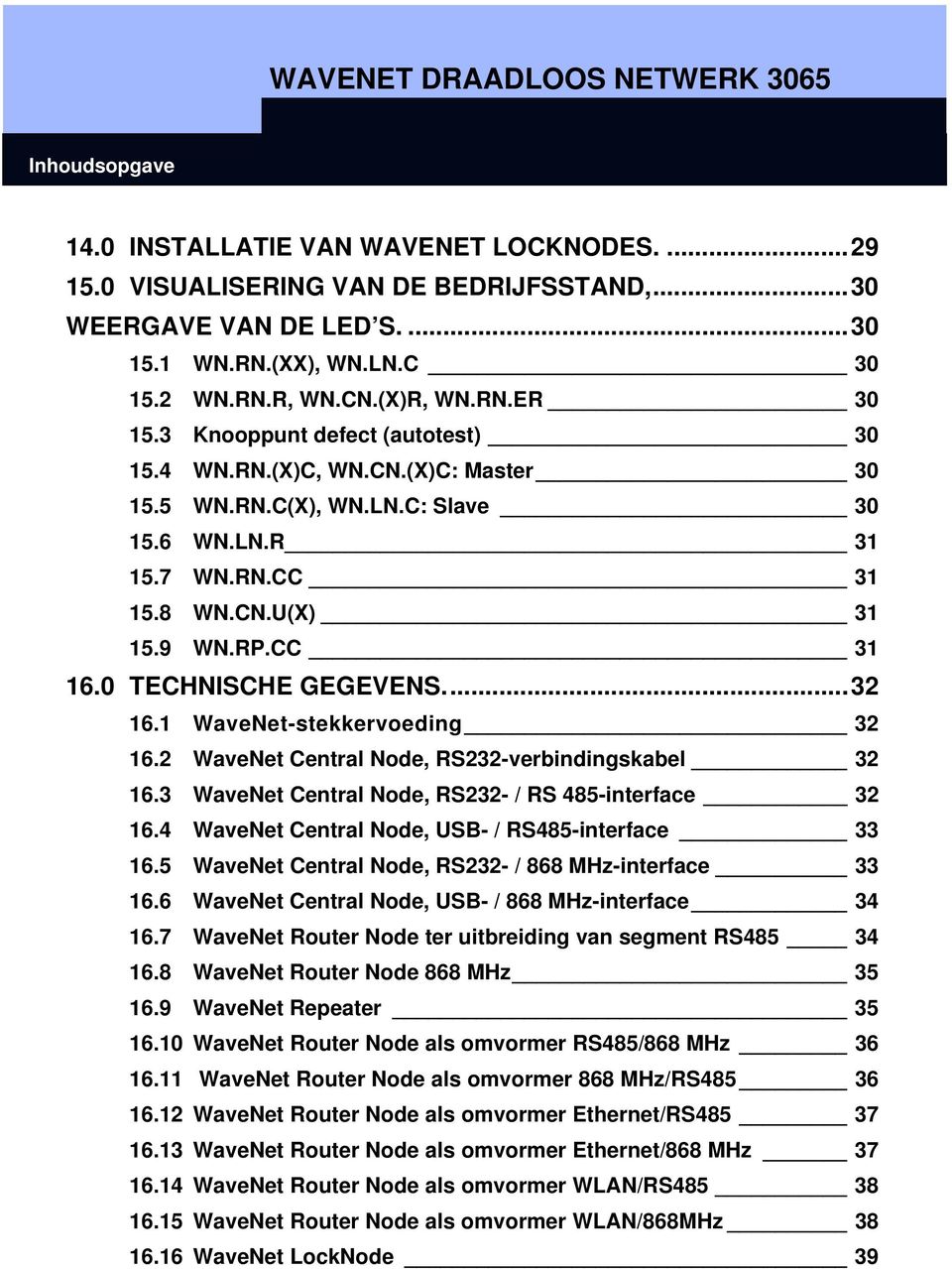 0 TECHNISCHE GEGEVENS...32 16.1 WaveNet-stekkervoeding 32 16.2 WaveNet Central Node, RS232-verbindingskabel 32 16.3 WaveNet Central Node, RS232- / RS 485-interface 32 16.