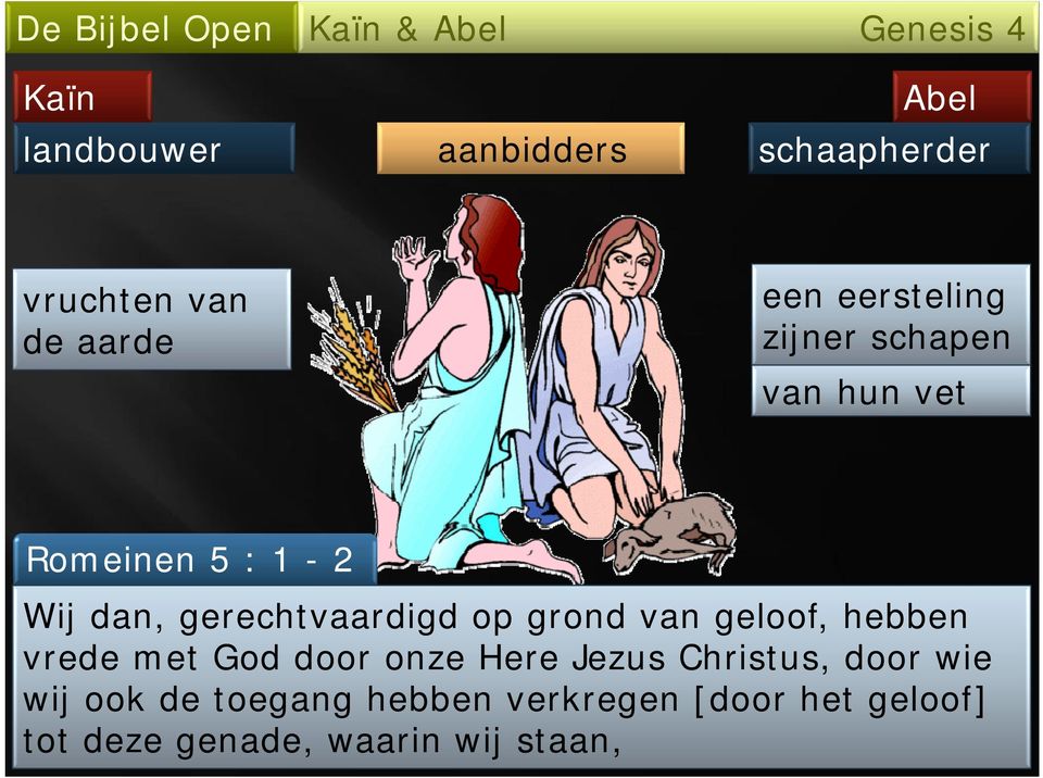 van geloof, hebben vrede met God door onze Here Jezus Christus, door wie wij