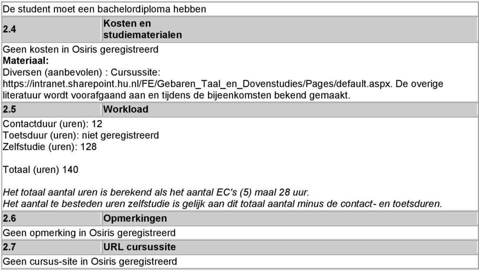 5 Workload Contactduur (uren): 12 Toetsduur (uren): niet geregistreerd Zelfstudie (uren): 128 Totaal (uren) 140 Het totaal aantal uren is berekend als het aantal EC's (5) maal 28 uur.