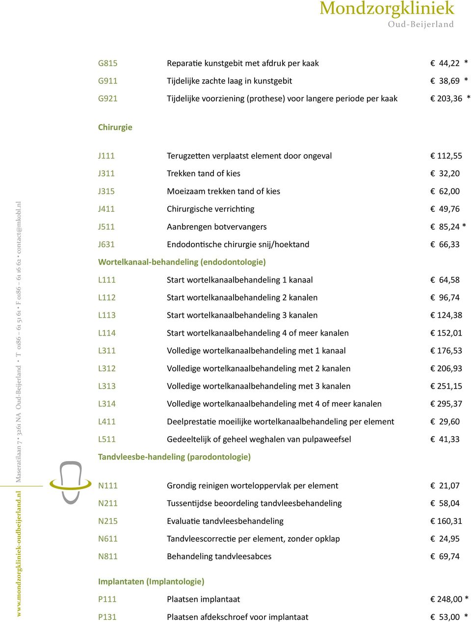 nl J315 Moeizaam trekken tand of kies 62,00 J411 Chirurgische verrichting 49,76 J511 Aanbrengen botvervangers 85,24 * J631 Endodontische chirurgie snij/hoektand 66,33 Wortelkanaal-behandeling