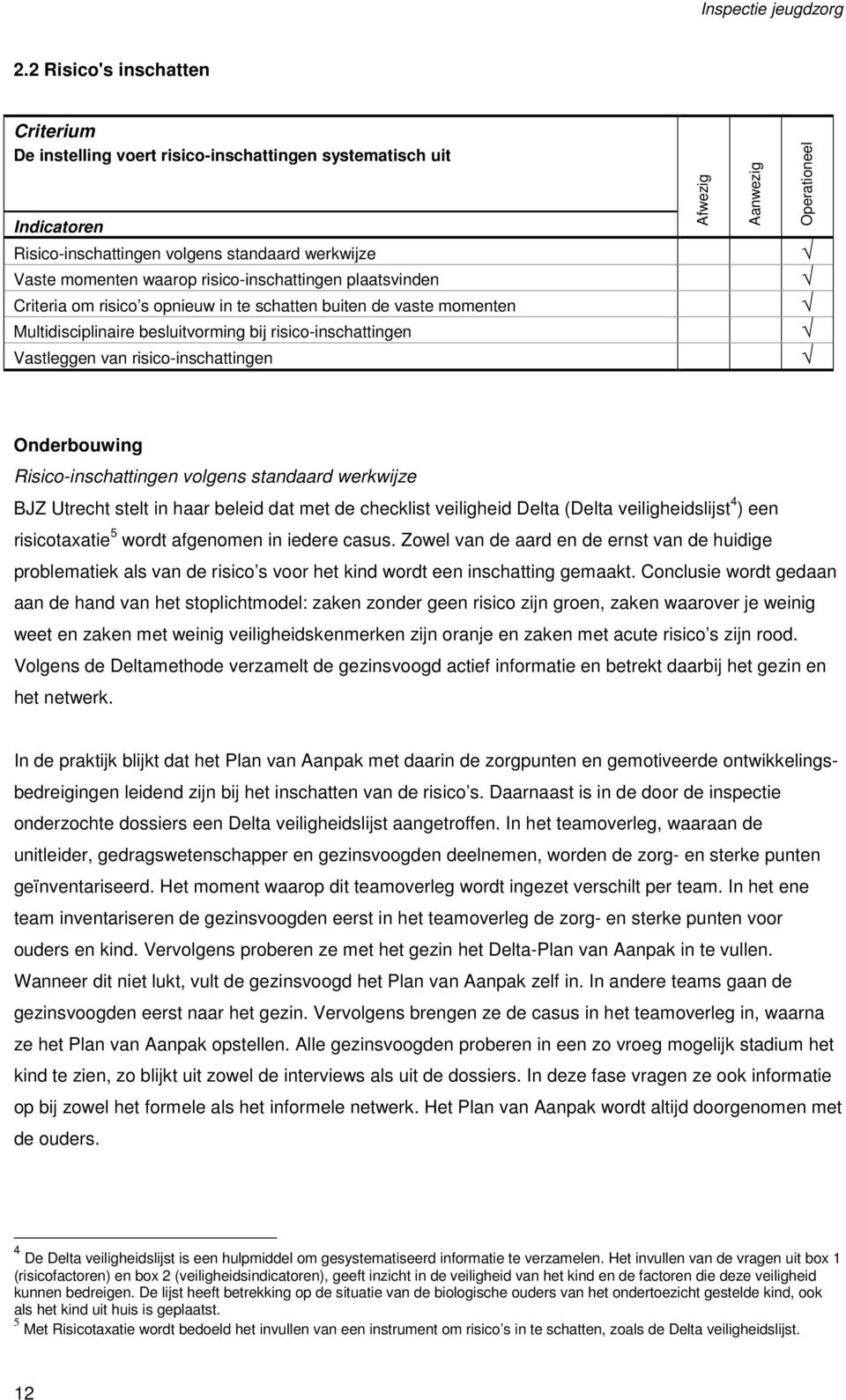 Operationeel Onderbouwing Risico-inschattingen volgens standaard werkwijze BJZ Utrecht stelt in haar beleid dat met de checklist veiligheid Delta (Delta veiligheidslijst 4 ) een risicotaxatie 5 wordt