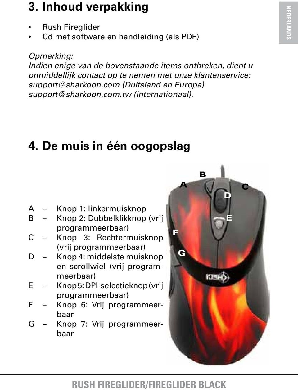 De muis in één oogopslag A B D C A Knop 1: linkermuisknop B Knop 2: Dubbelklikknop (vrij programmeerbaar) C Knop 3: Rechtermuisknop (vrij programmeerbaar) D