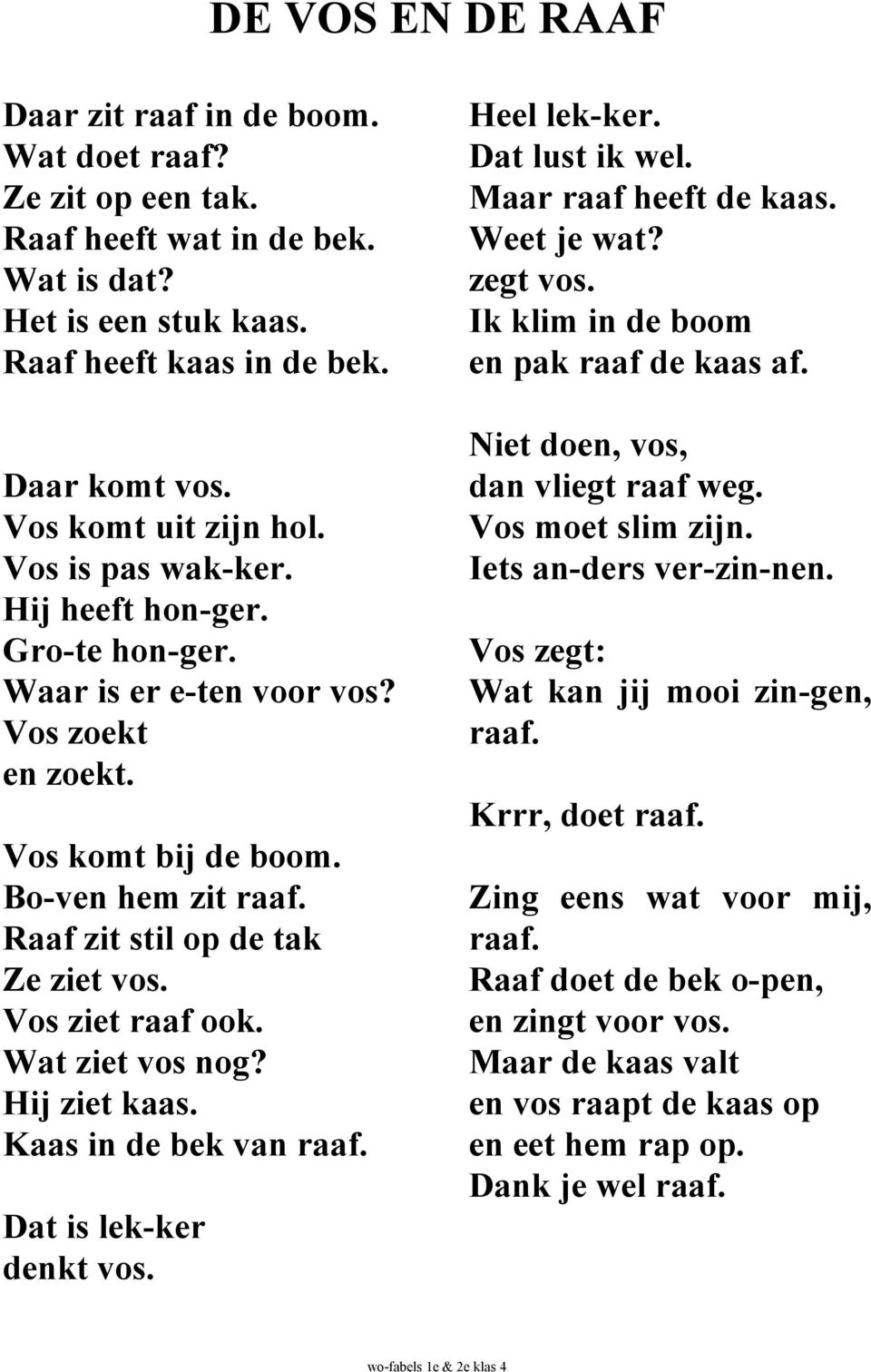 Raaf zit stil op de tak Ze ziet vos. Vos ziet raaf ook. Wat ziet vos nog? Hij ziet kaas. Kaas in de bek van raaf. Dat is lek-ker denkt vos. Heel lek-ker. Dat lust ik wel. Maar raaf heeft de kaas.