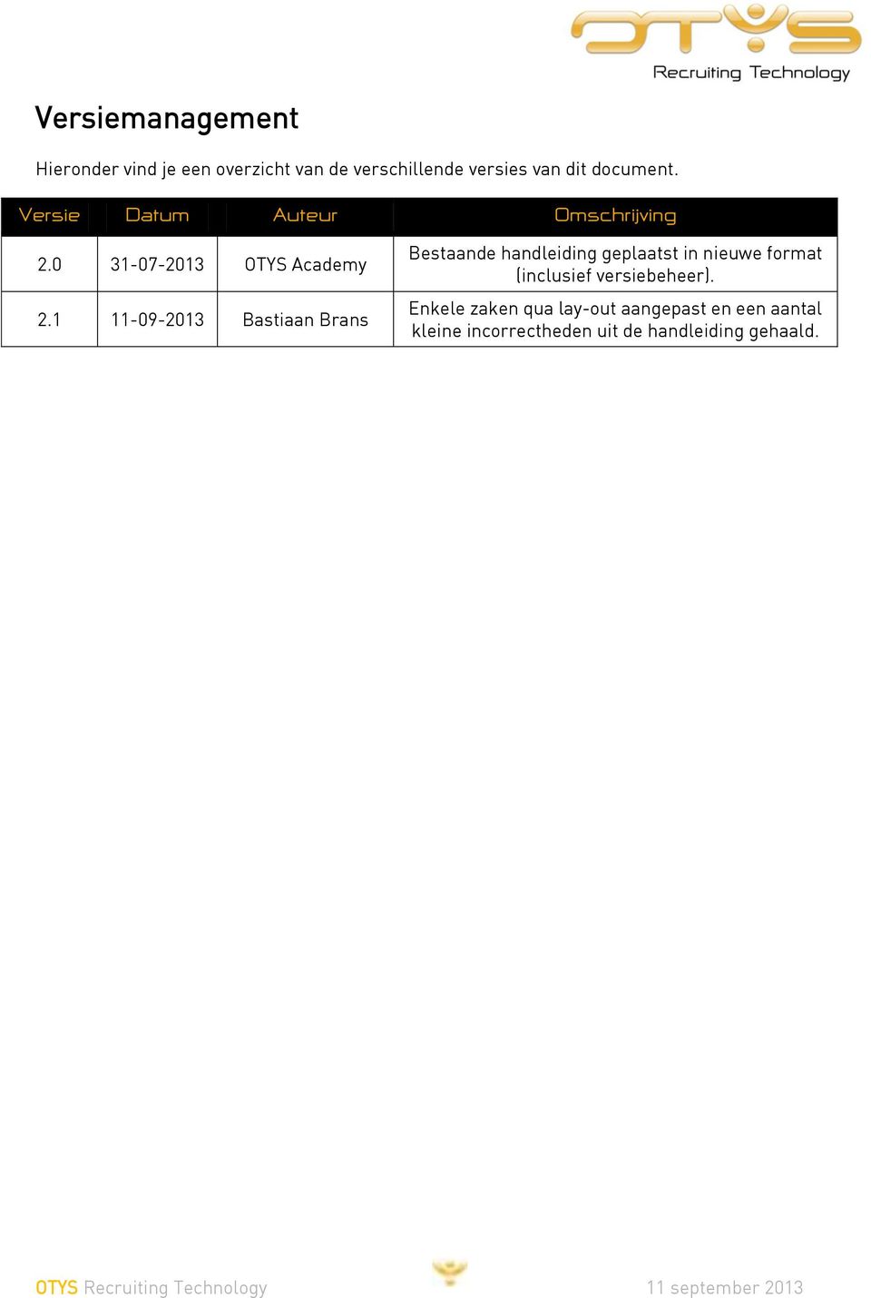 1 11-09-2013 Bastiaan Brans Bestaande handleiding geplaatst in nieuwe format (inclusief