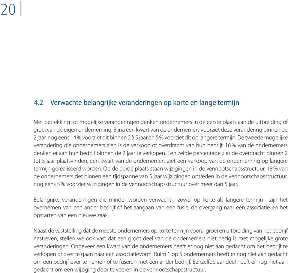 De tweede mogelijke verandering die ondernemers zien is de verkoop of overdracht van hun bedrijf. 16 % van de ondernemers denken er aan hun bedrijf binnen de 2 jaar te verkopen.