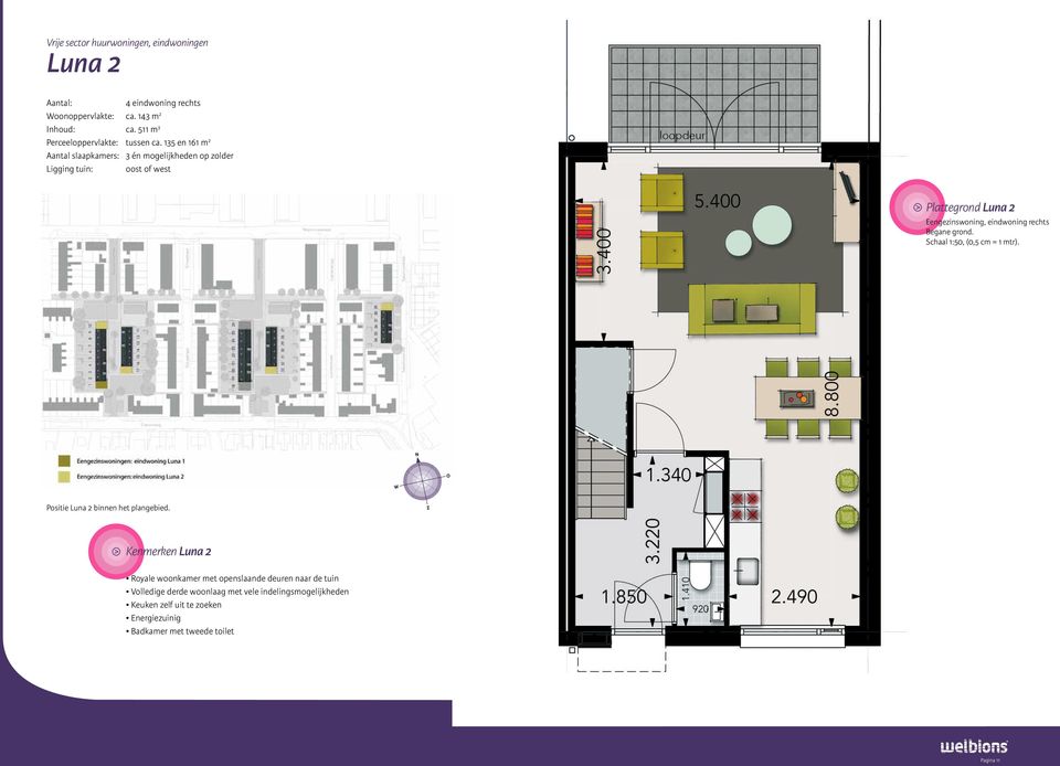 135 en 161 m 2 Aantal slaapkamers: 3 én mogelijkheden op zolder Ligging tuin: oost of west Plattegrond Luna 2 Eengezinswoning, eindwoning rechts