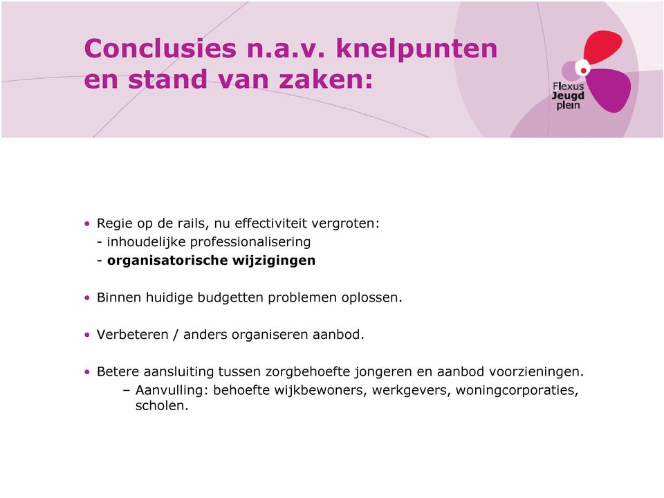 professionalisering - organisatorische wijzigingen Binnen huidige budgetten problemen oplossen.