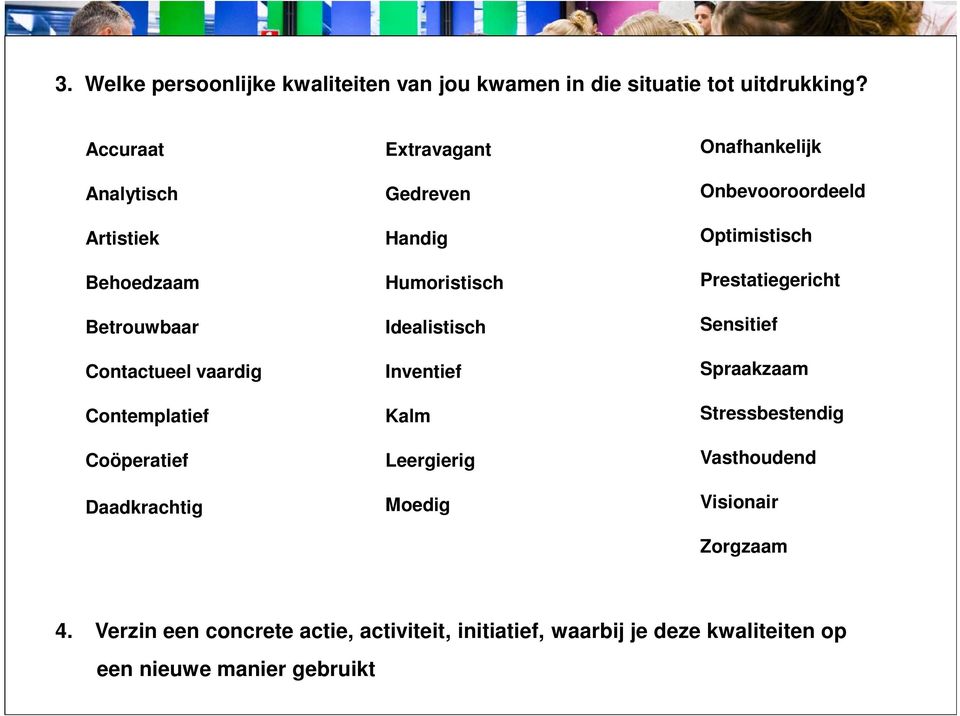 Gedreven Handig Humoristisch Idealistisch Inventief Kalm Leergierig Moedig Onafhankelijk Onbevooroordeeld Optimistisch