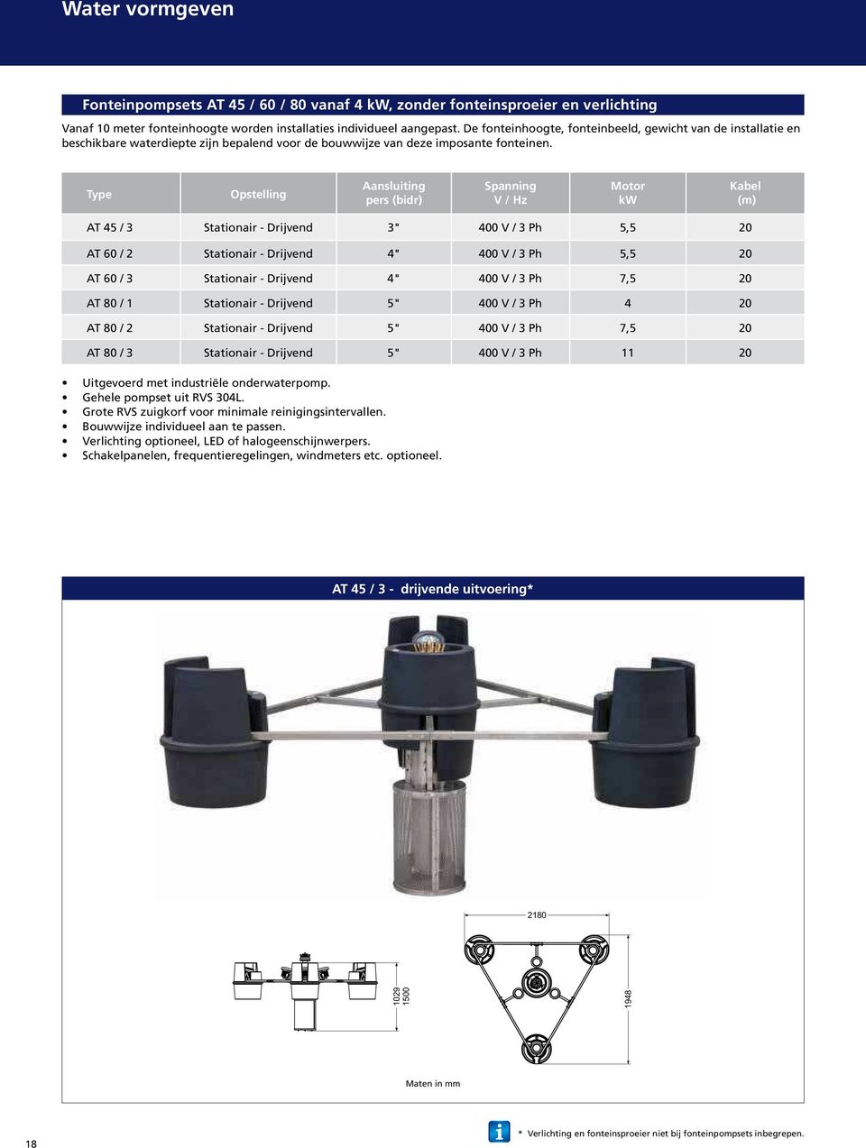 Type Opstelling Aansluiting pers (bidr) Spanning V / Hz Motor kw Kabel (m) AT 45 / 3 Stationair - Drijvend 3" 400 V / 3 Ph 5,5 20 AT 60 / 2 Stationair - Drijvend 4" 400 V / 3 Ph 5,5 20 AT 60 / 3