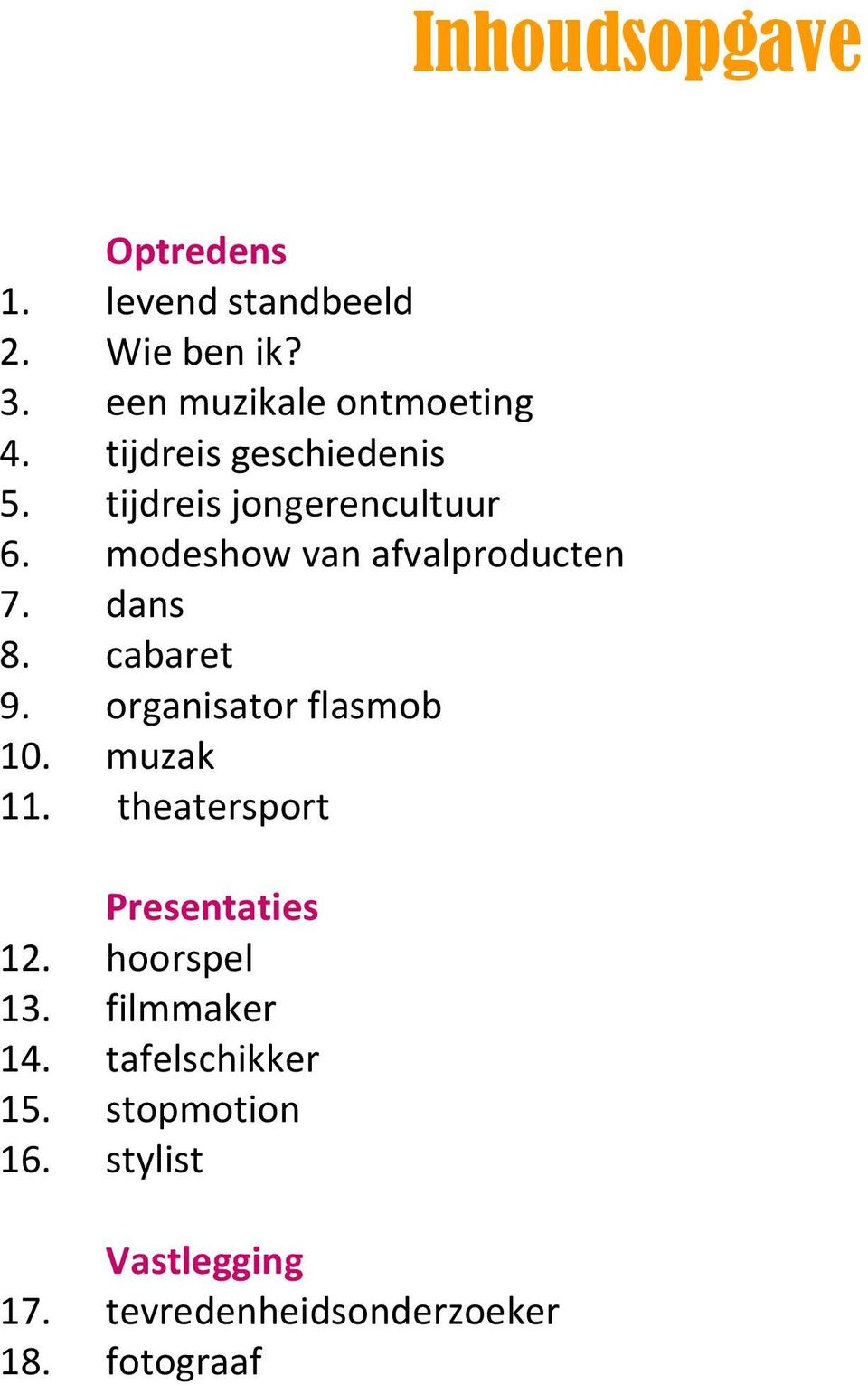 cabaret 9. organisator flasmob 10. muzak 11. theatersport Presentaties 12. hoorspel 13.