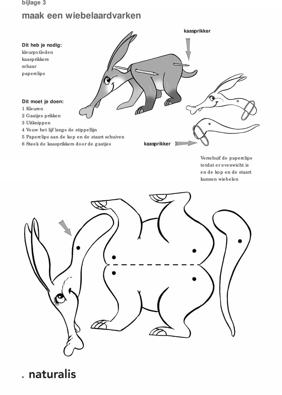 langs de stippellijn 5 Paperclips aan de kop en de staart schuiven 6 Steek de kaasprikkers door